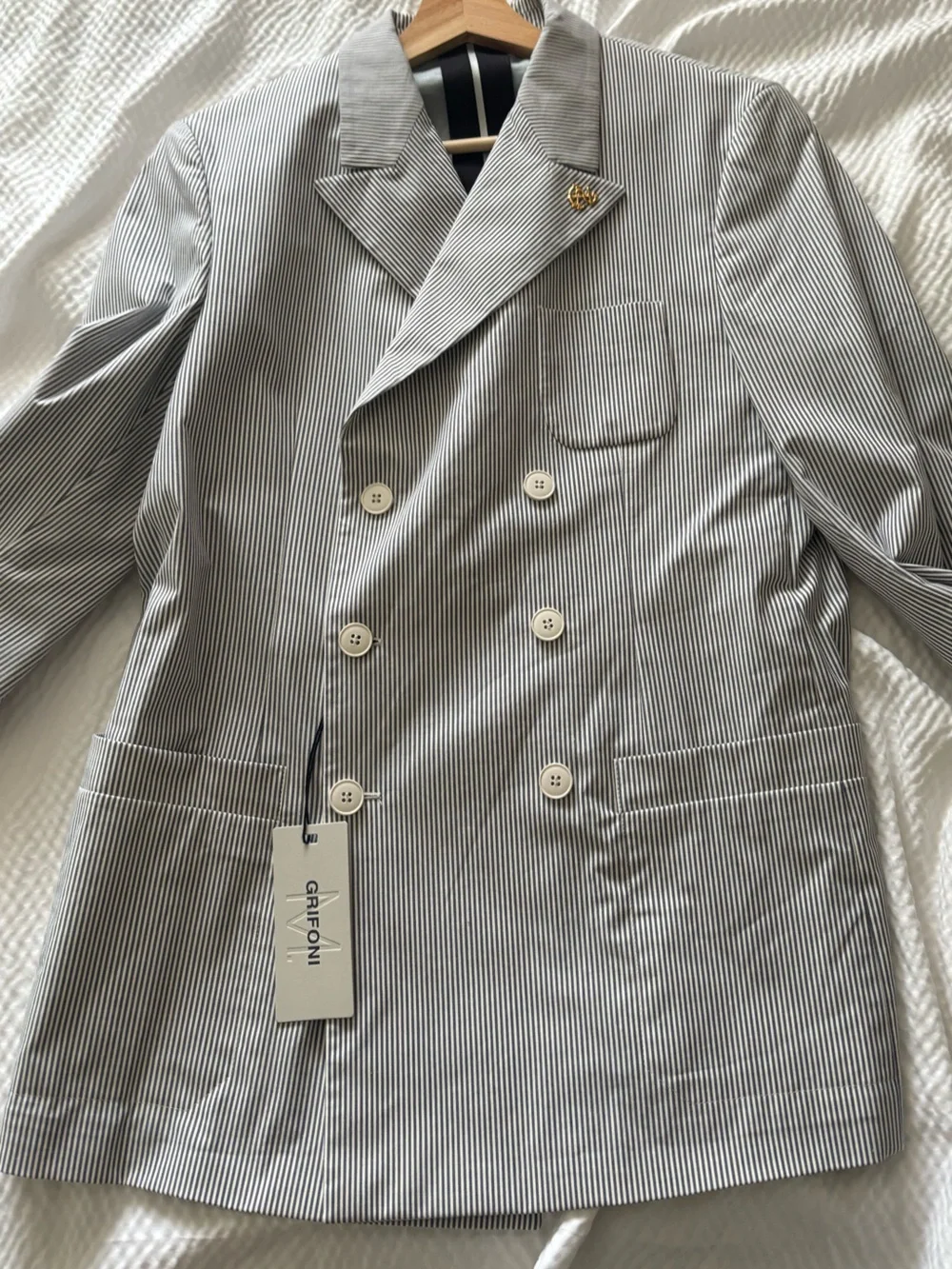 Mauro Grifoni Lightweight Cotton Blend Double Breasted Striped Nautical Blazer